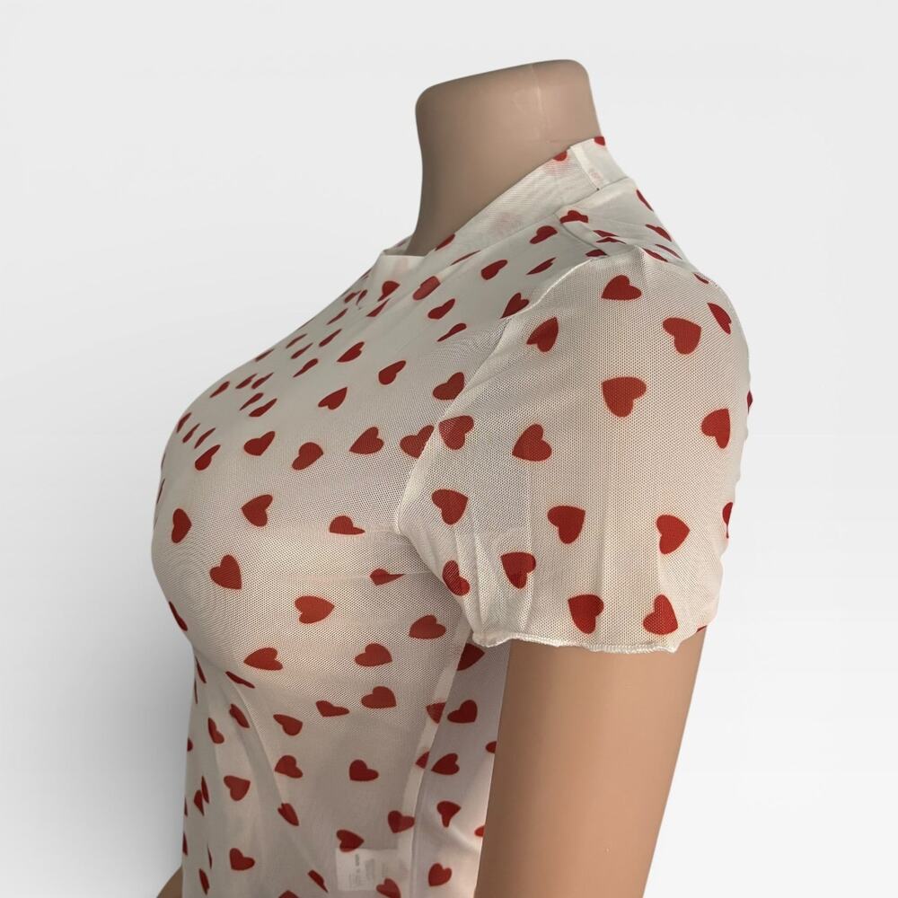Allover Heart Mock Neck Mesh White Top - Picture 4 of 10